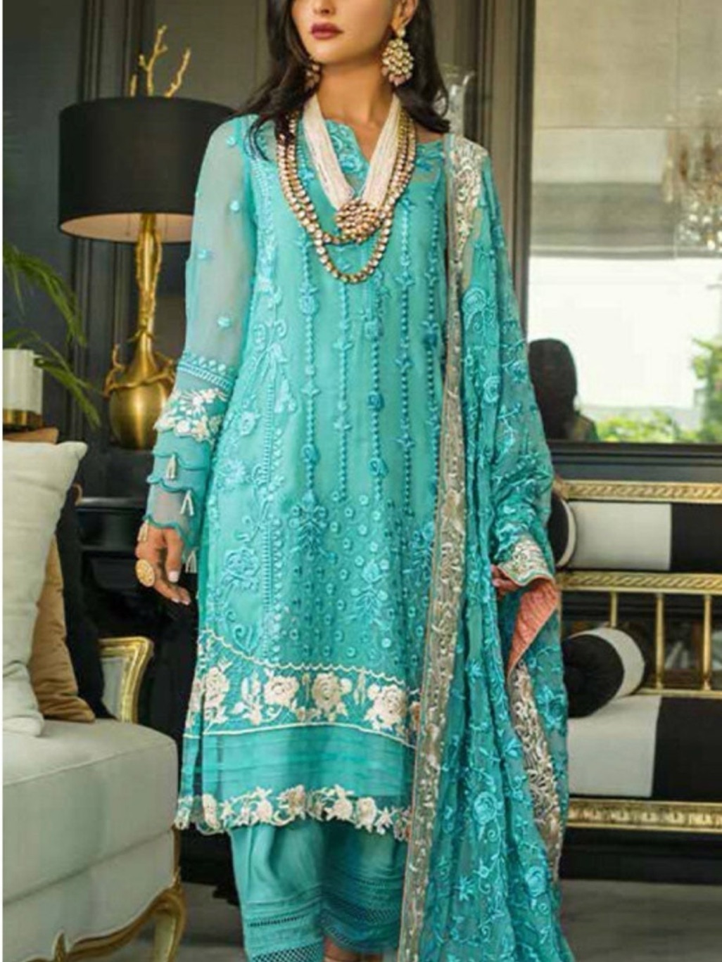 Teal Embroidered Long-Sleeve Women’s Kurta With Dupatta